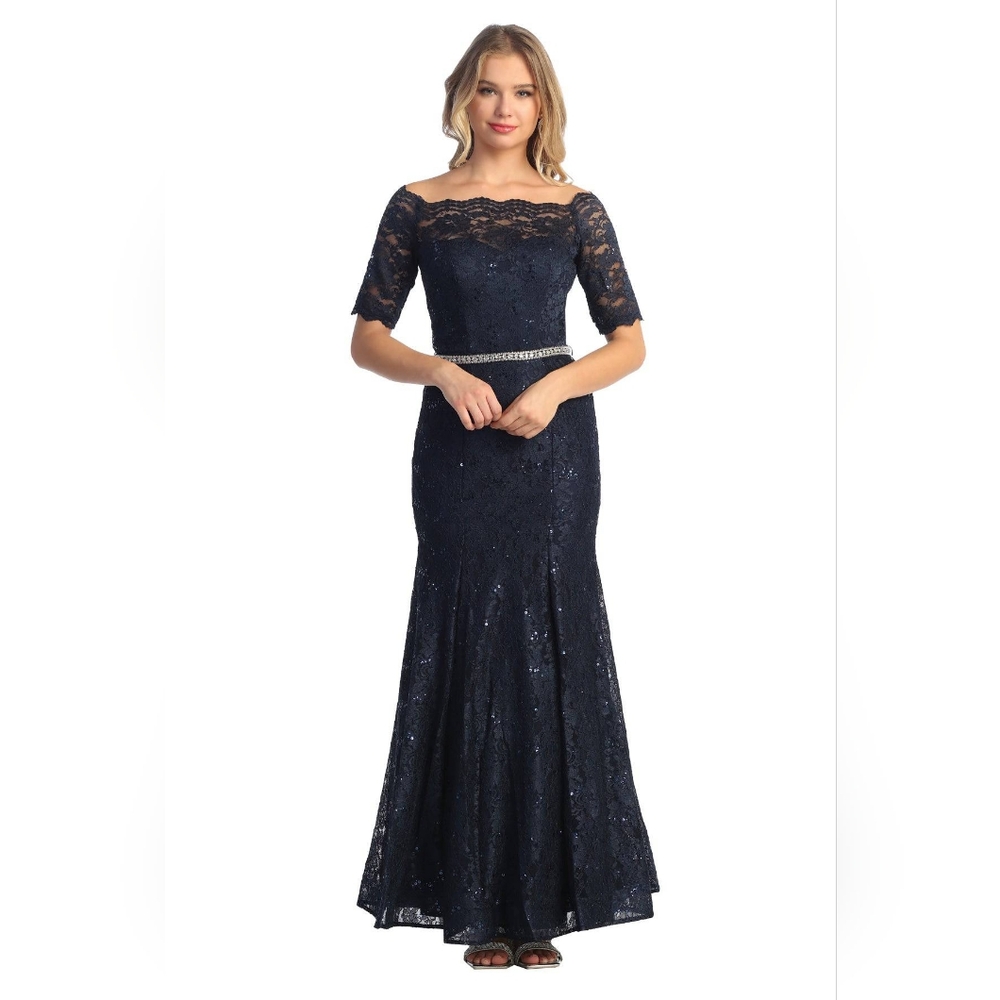 Cindy Collection 1638 Half Sleeve‎ Mermaid Dress Size Small Nany Blue